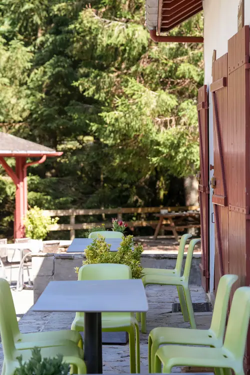 Terrasse ombragée, chaises vertes